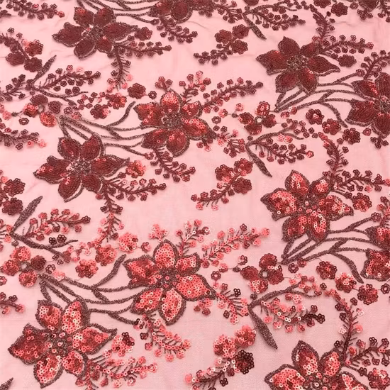 Yigao Textile Polyester Red Knitted Mesh Sequin Net Embroidery Lace Fabric Red Sequins